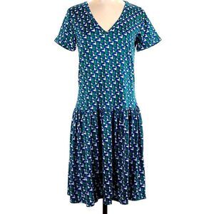Duro Olowu Green Blue Geometric Pattern Drop Waist Retro Vibe V Neck Dress
